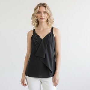 Robert Rodriguez Embellished Front V-Neck Sleeveless Open Back Black Tank Top